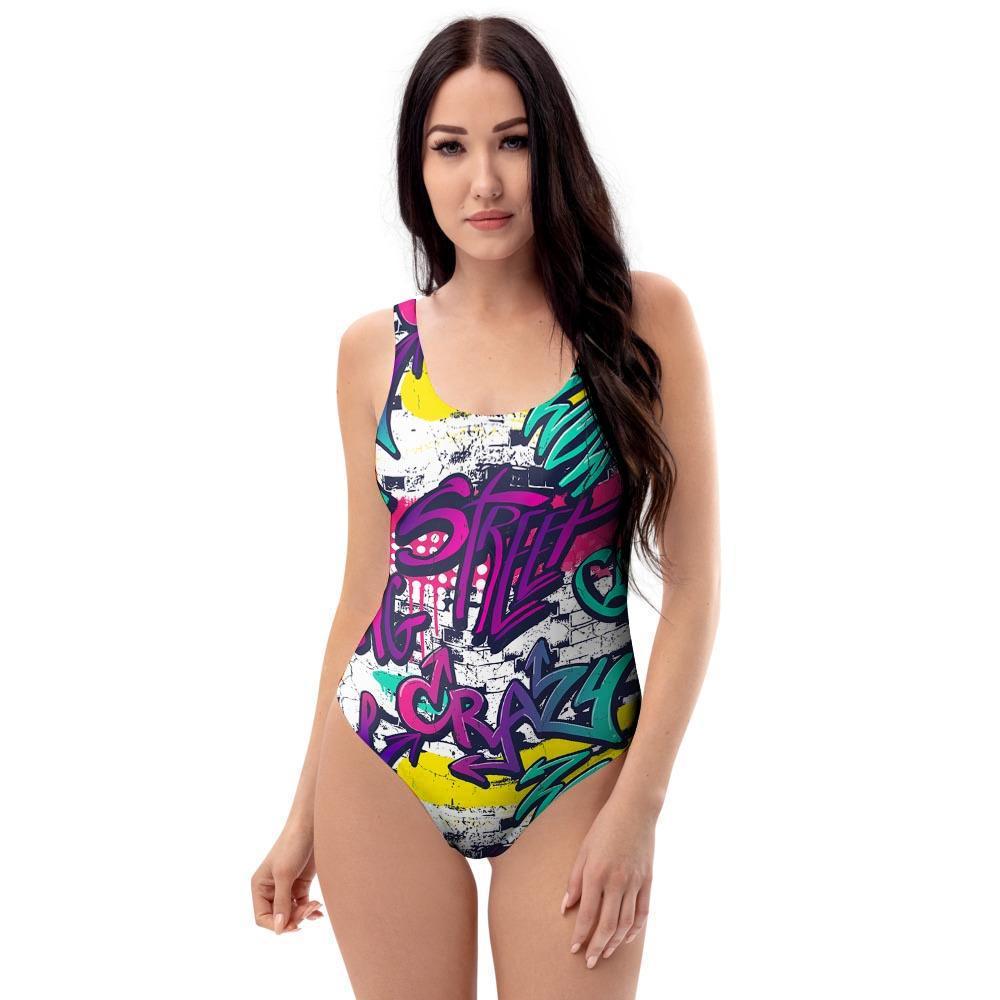 Graffiti Hiphop Print One Piece Swimsuite-grizzshop