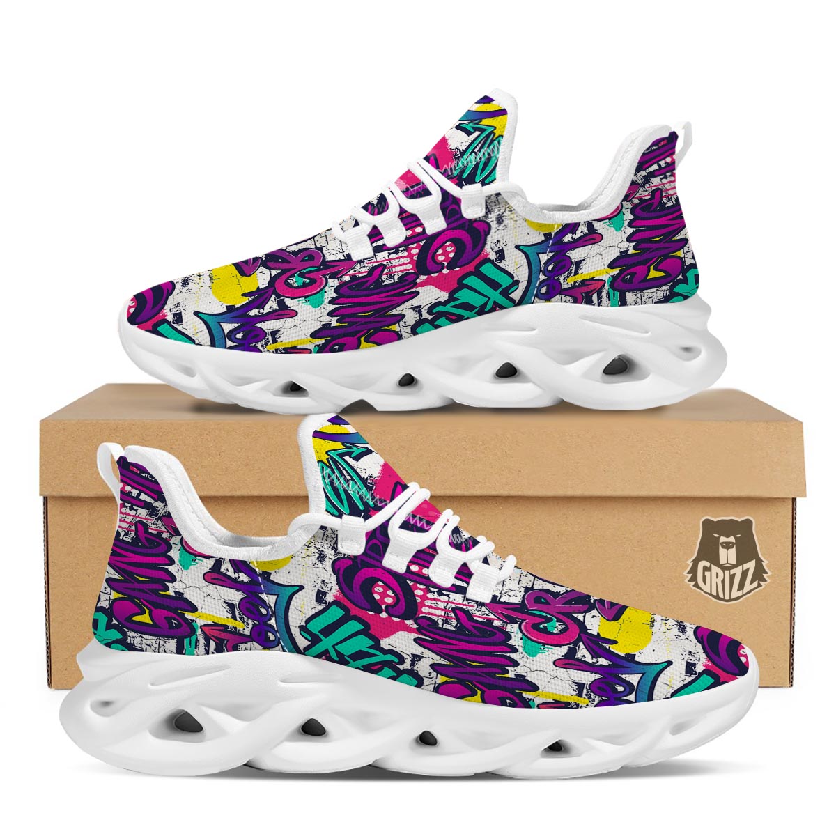 Graffiti Hiphop Print White Running Shoes-grizzshop