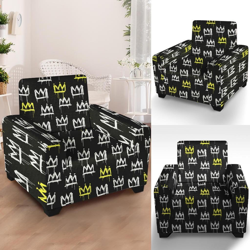 Graffiti Hiphop White And Yellow Crown Print Armchair Cover-grizzshop