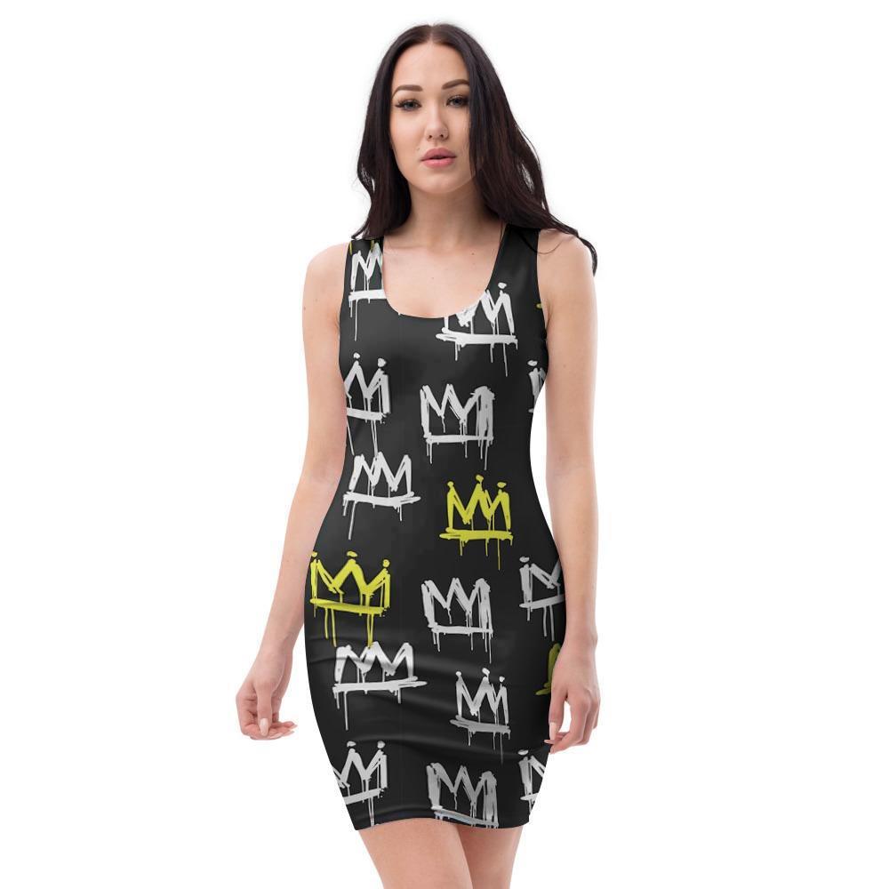 Graffiti Hiphop White And Yellow Crown Print Bodycon Dress-grizzshop