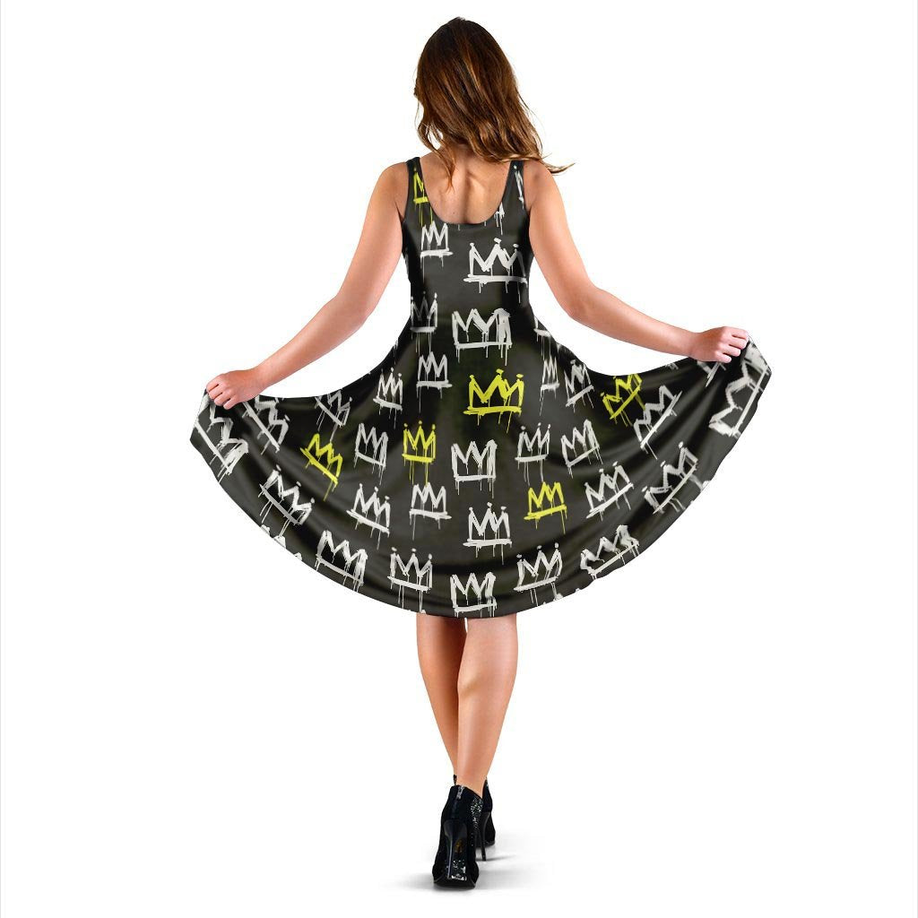 Graffiti Hiphop White And Yellow Crown Print Dress-grizzshop