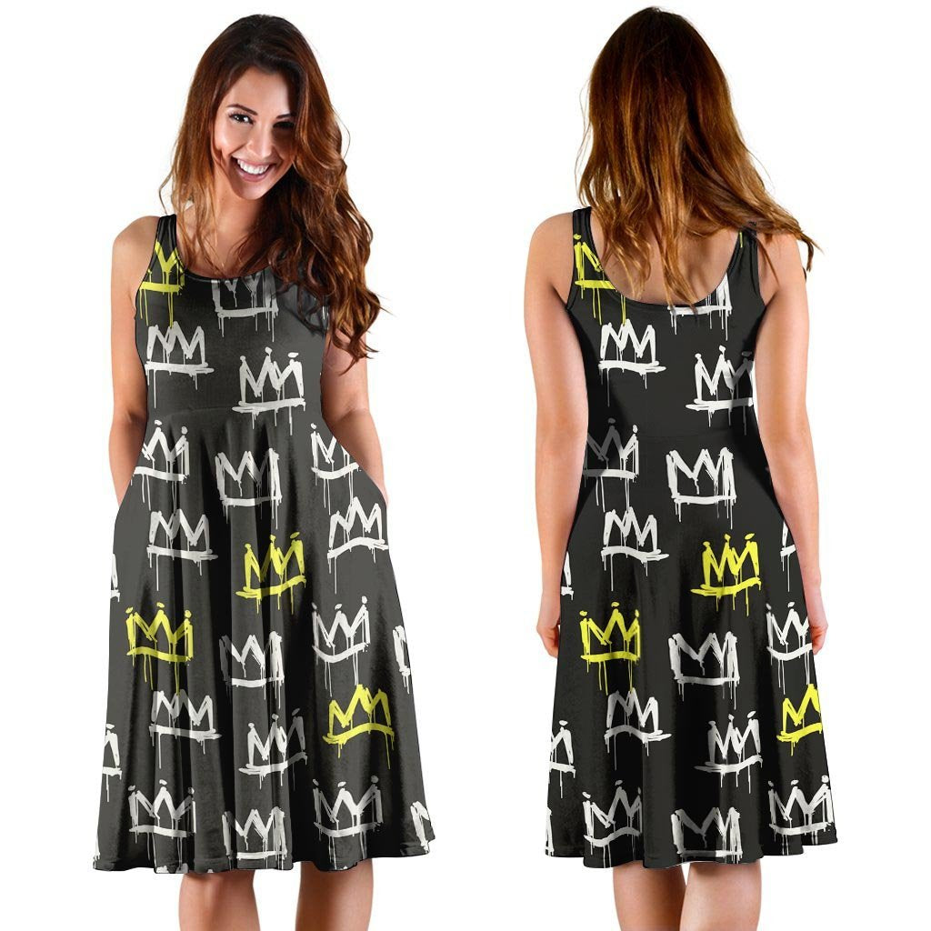 Graffiti Hiphop White And Yellow Crown Print Dress-grizzshop