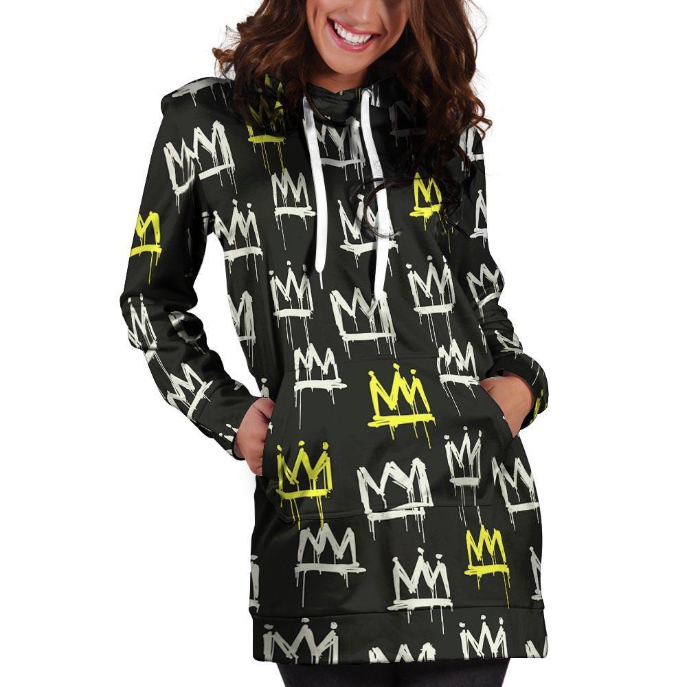 Graffiti Hiphop White And Yellow Crown Print Hoodie Dress-grizzshop