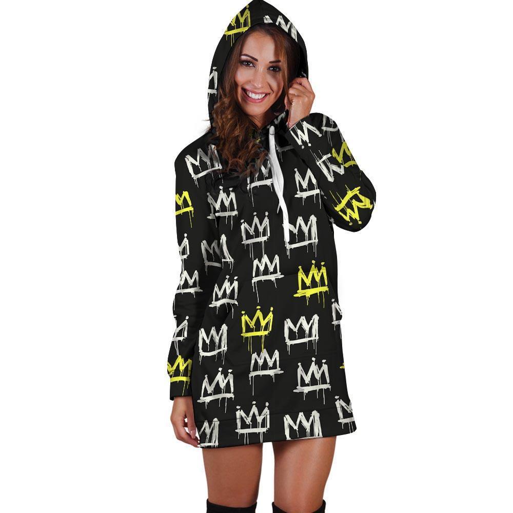 Graffiti Hiphop White And Yellow Crown Print Hoodie Dress-grizzshop