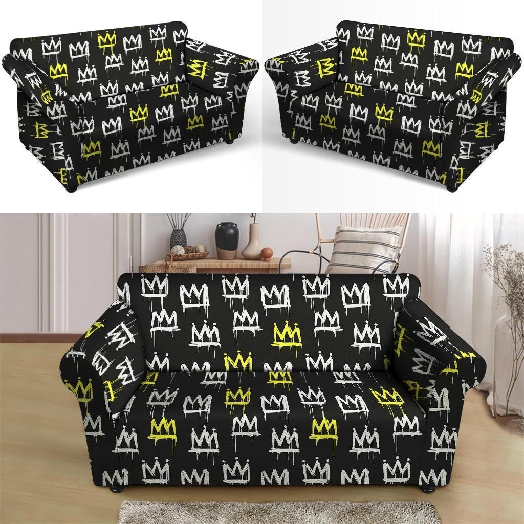 Graffiti Hiphop White And Yellow Crown Print Loveseat Cover-grizzshop