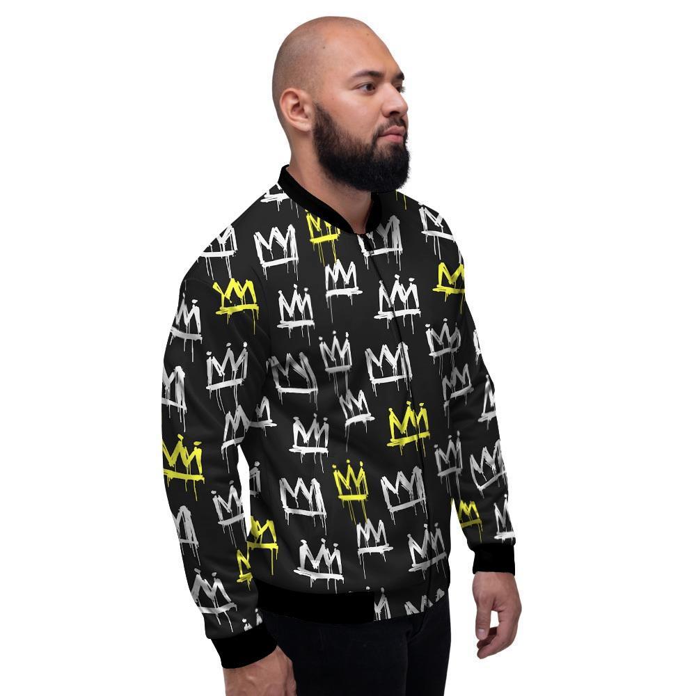 Graffiti Hiphop White And Yellow Crown Print Men's Bomber Jacket-grizzshop