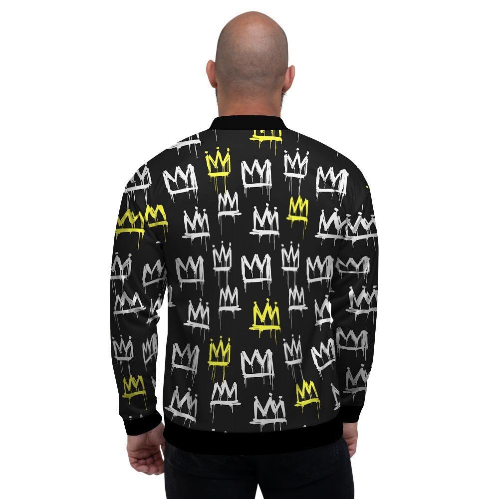 Graffiti Hiphop White And Yellow Crown Print Men's Bomber Jacket-grizzshop