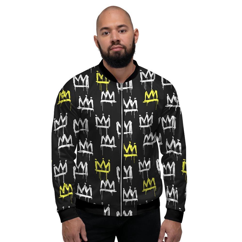 Graffiti Hiphop White And Yellow Crown Print Men's Bomber Jacket-grizzshop