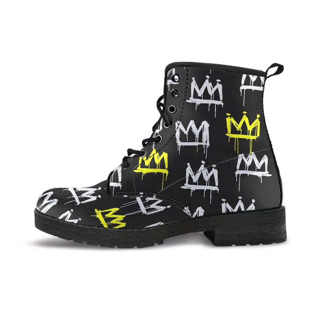 Graffiti Hiphop White And Yellow Crown Print Men's Boots-grizzshop