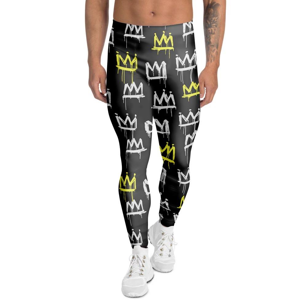 Graffiti Hiphop White And Yellow Crown Print Men's Leggings-grizzshop