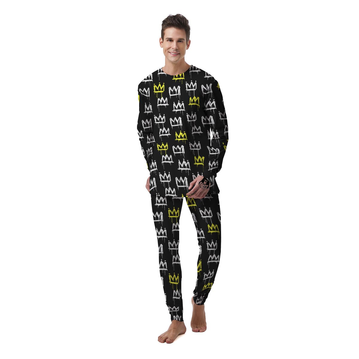 Graffiti Hiphop White And Yellow Crown Print Men's Pajamas-grizzshop