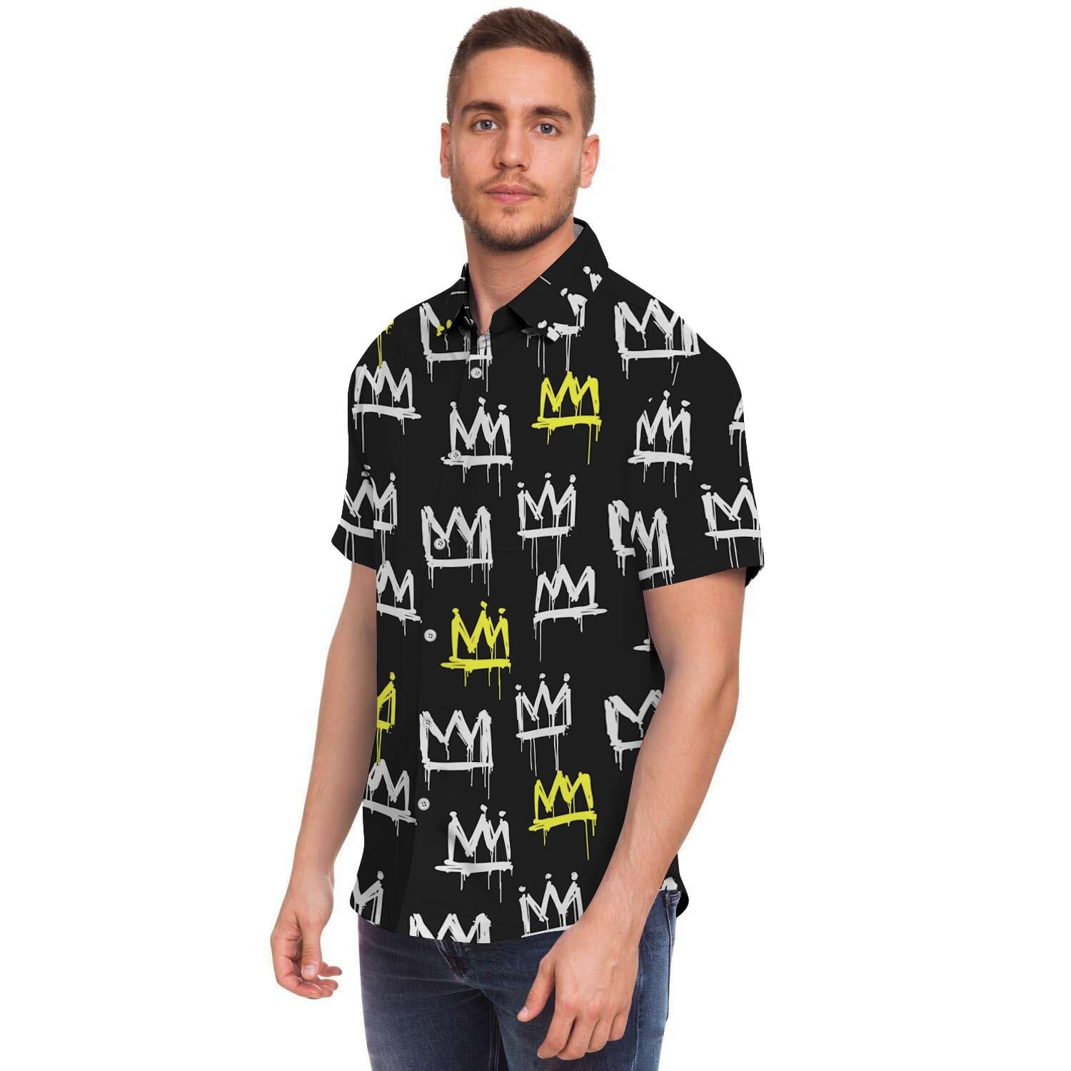 Graffiti Hiphop White And Yellow Crown Print Men's Short Sleeve Shirt-grizzshop