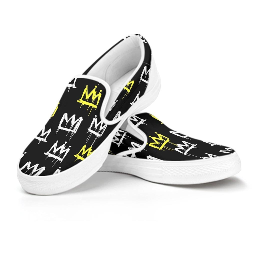 Graffiti Hiphop White And Yellow Crown Print Men's Slip On Sneakers-grizzshop