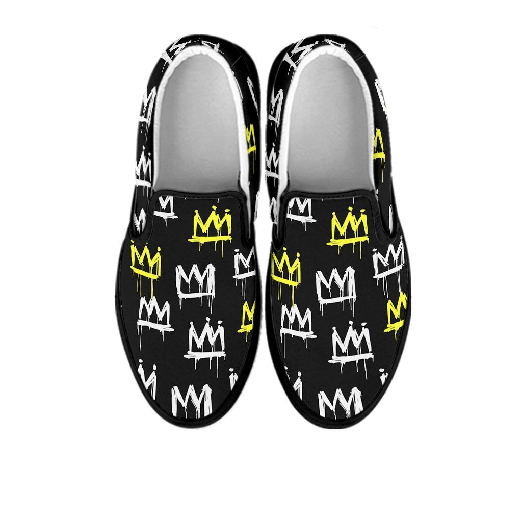 Graffiti Hiphop White And Yellow Crown Print Men's Slip On Sneakers-grizzshop