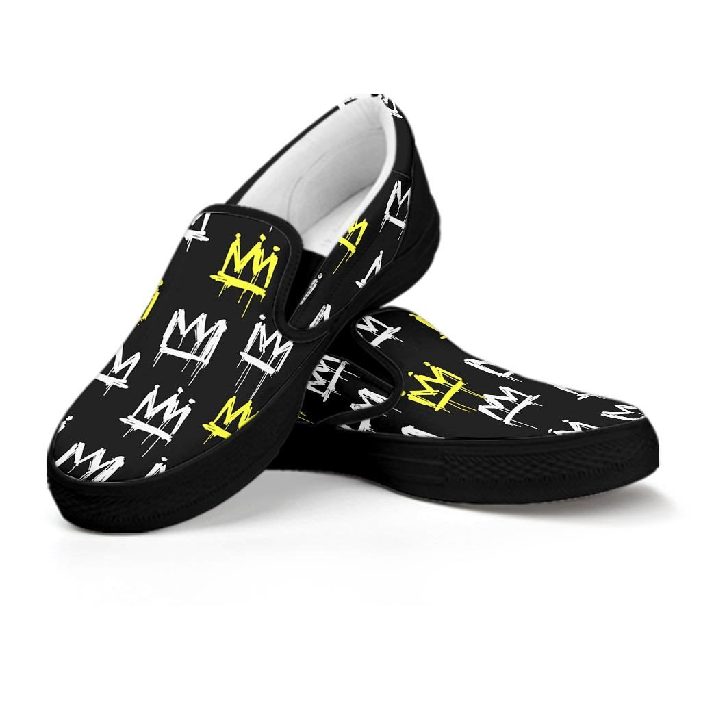 Graffiti Hiphop White And Yellow Crown Print Men's Slip On Sneakers-grizzshop