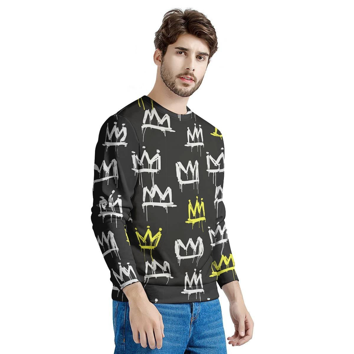 Graffiti Hiphop White And Yellow Crown Print Men's Sweatshirt-grizzshop