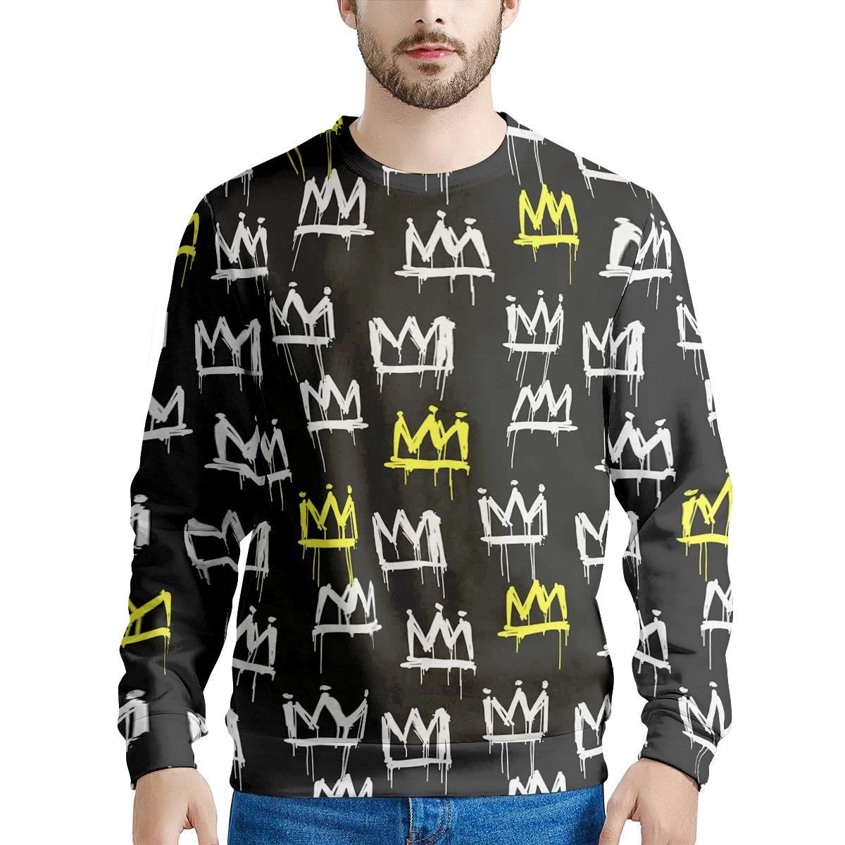 Graffiti Hiphop White And Yellow Crown Print Men's Sweatshirt-grizzshop