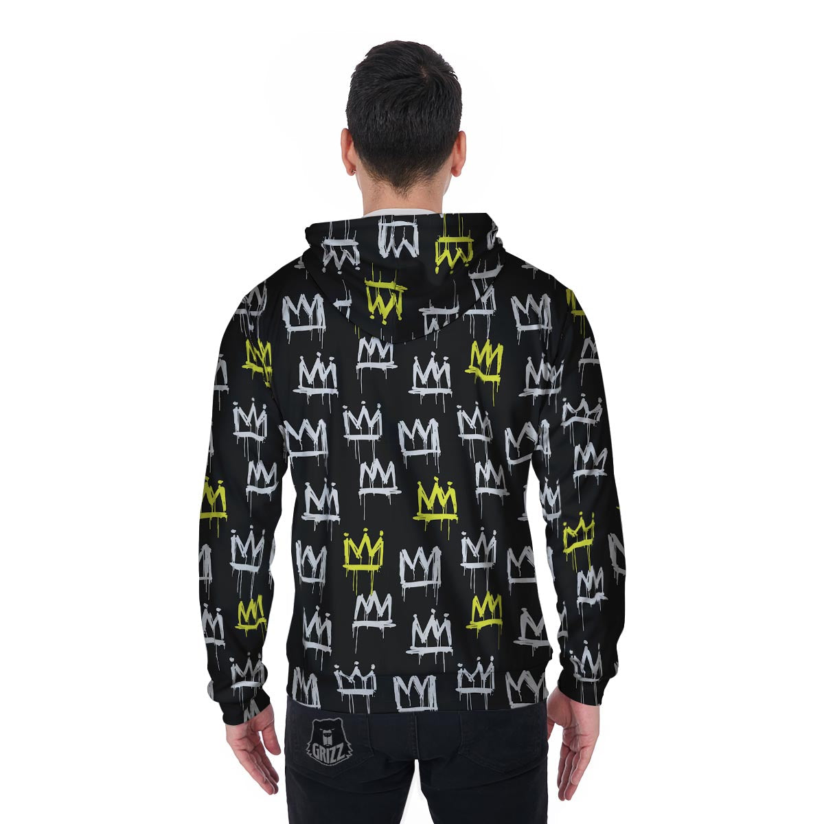 Graffiti Hiphop White And Yellow Crown Print Men's Zip Up Hoodie-grizzshop