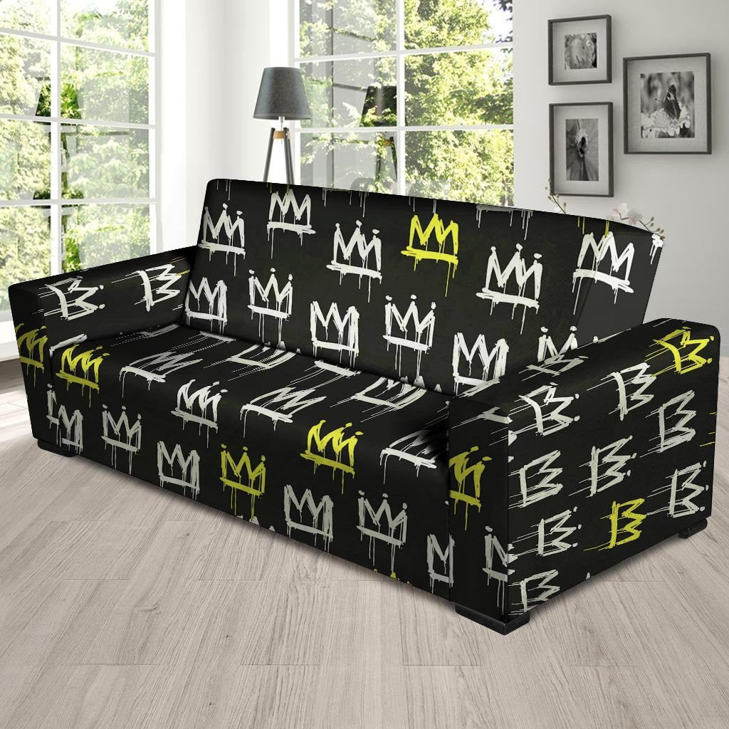 Graffiti Hiphop White And Yellow Crown Print Sofa Cover-grizzshop