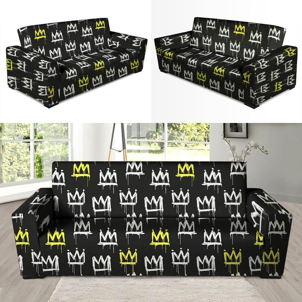 Graffiti Hiphop White And Yellow Crown Print Sofa Cover-grizzshop