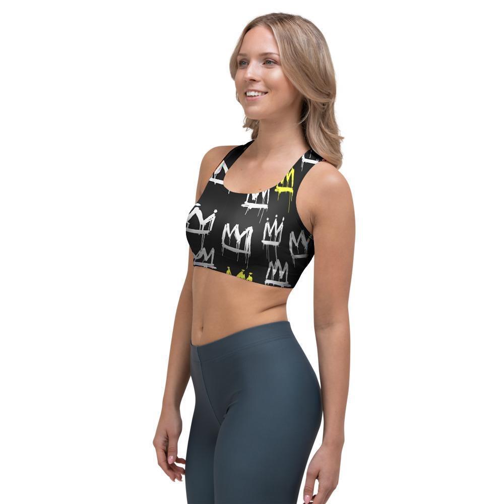 Graffiti Hiphop White And Yellow Crown Print Sports Bra-grizzshop