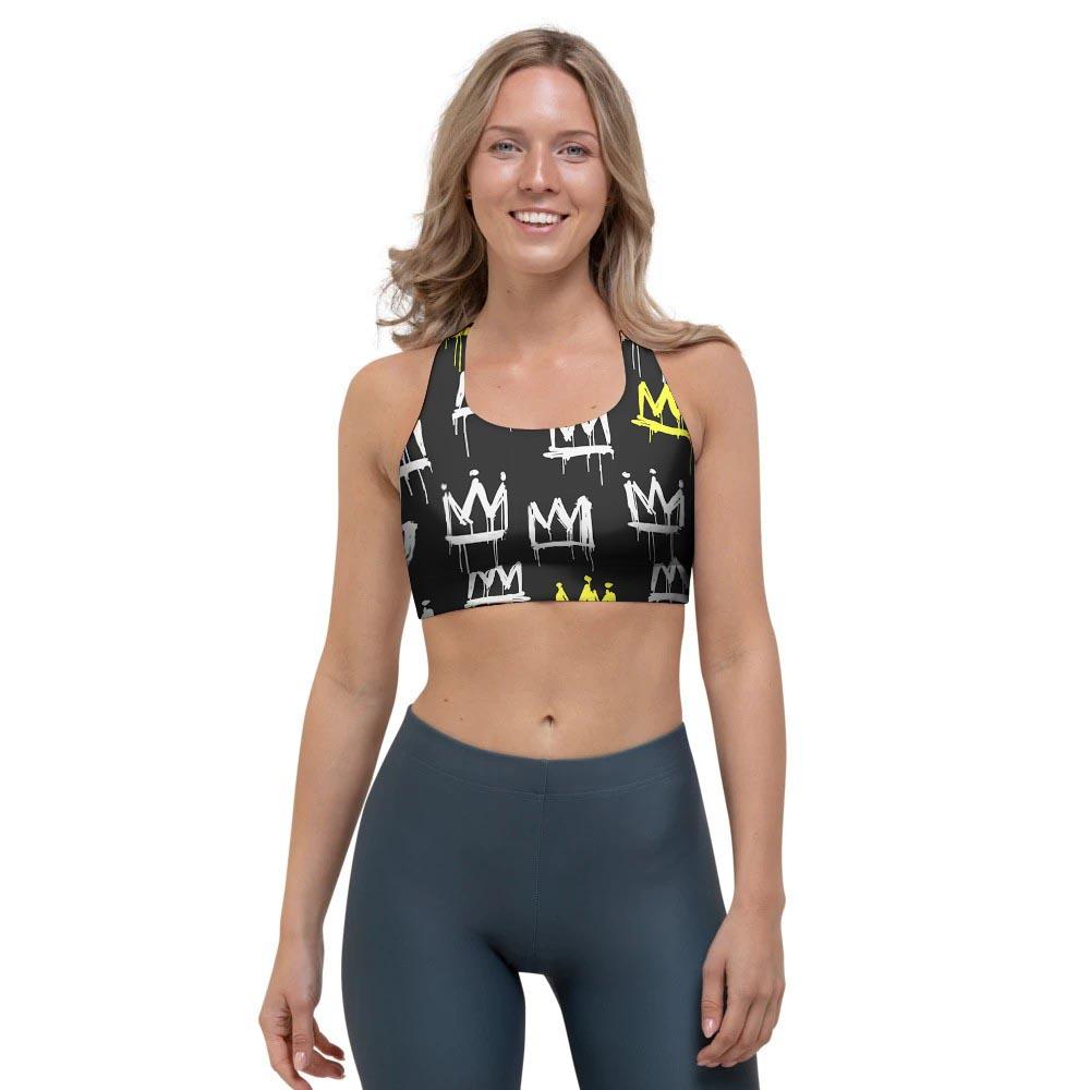 Graffiti Hiphop White And Yellow Crown Print Sports Bra-grizzshop