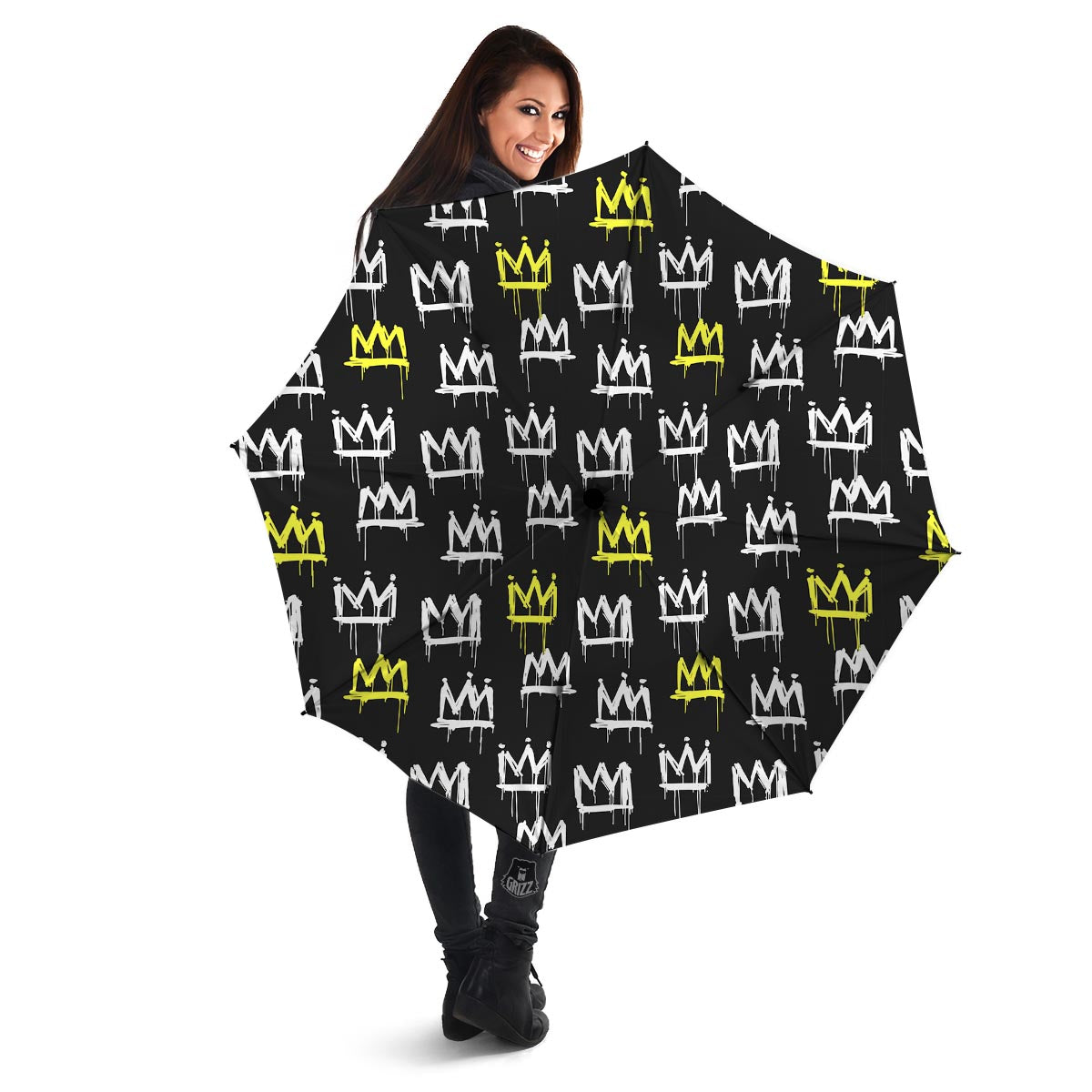 Graffiti Hiphop White And Yellow Crown Print Umbrella-grizzshop