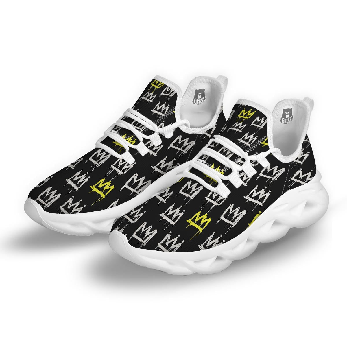 Graffiti Hiphop White And Yellow Crown Print White Running Shoes-grizzshop