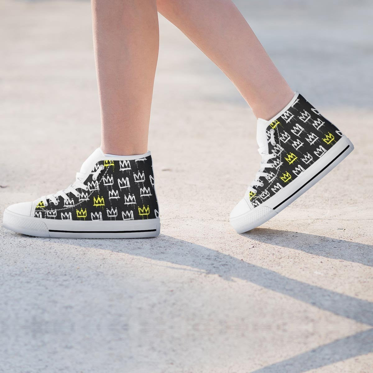 Graffiti Hiphop White And Yellow Crown Print Women's High Top Shoes-grizzshop