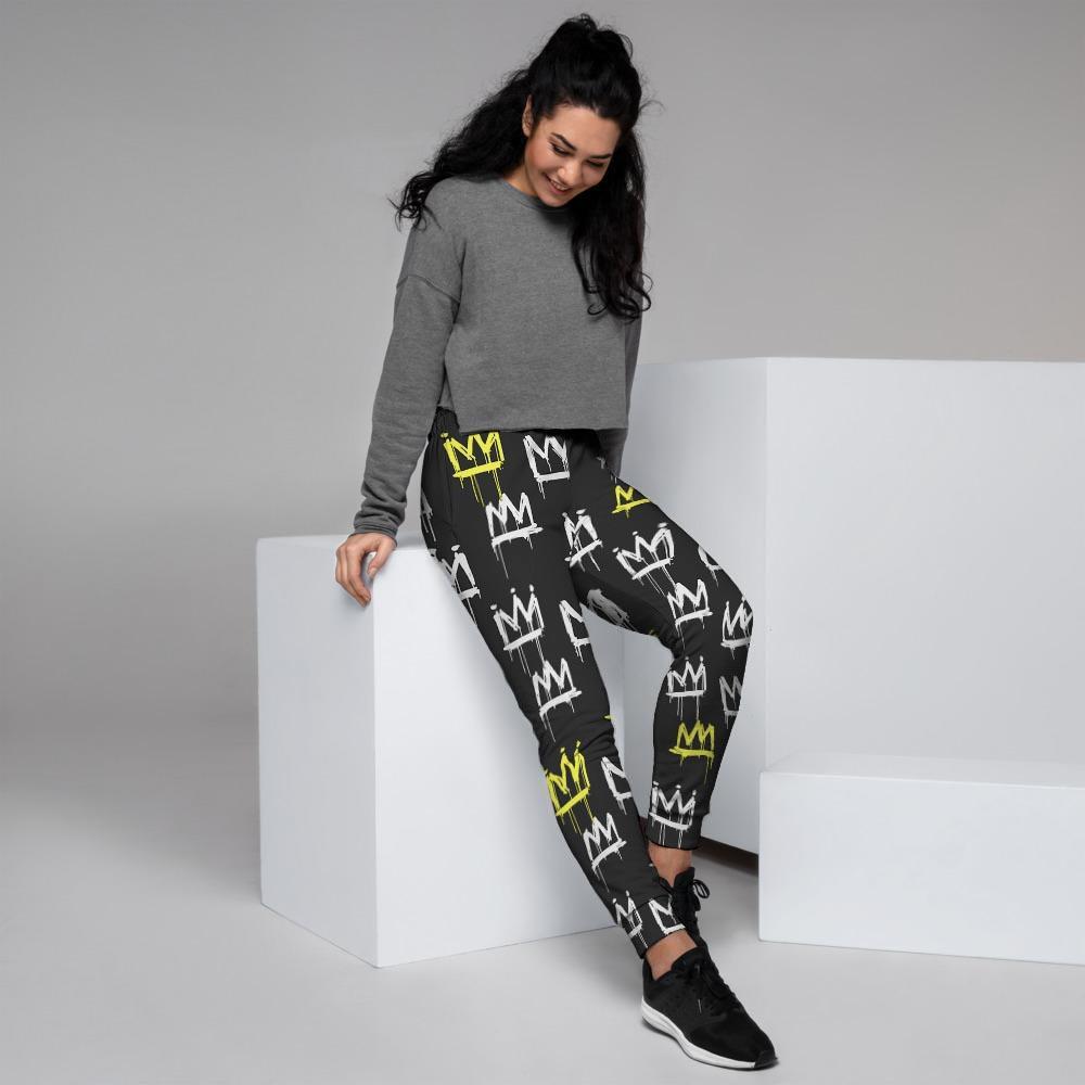 Graffiti Hiphop White And Yellow Crown Print Women's Joggers-grizzshop