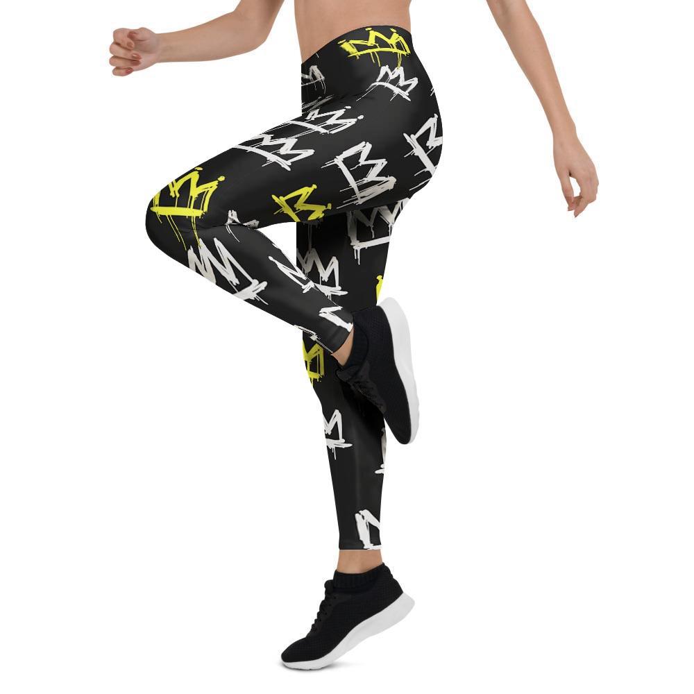 Graffiti Hiphop White And Yellow Crown Print Women's Leggings-grizzshop