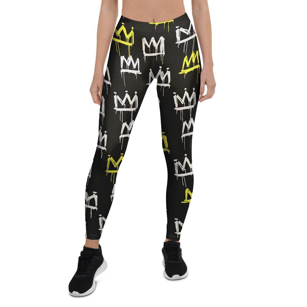 Graffiti Hiphop White And Yellow Crown Print Women's Leggings-grizzshop