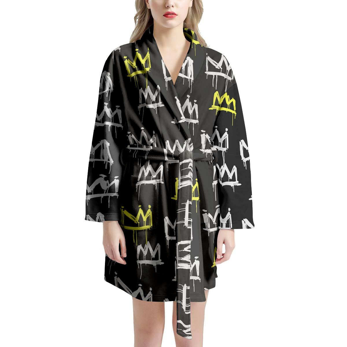 Graffiti Hiphop White And Yellow Crown Print Women's Robe-grizzshop