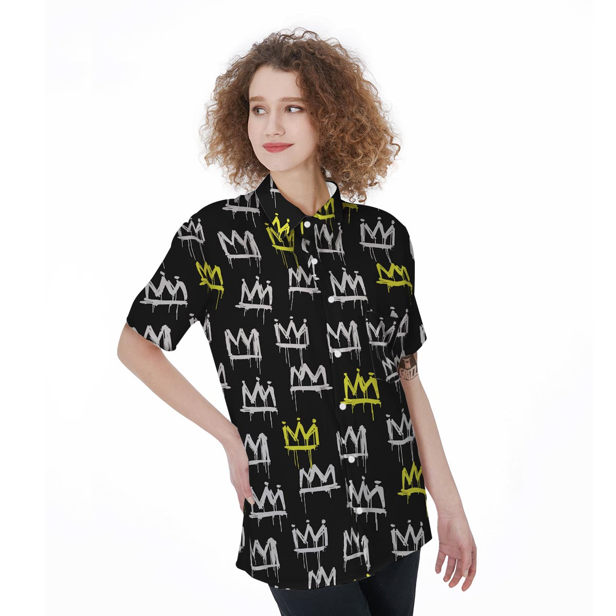 Graffiti Hiphop White And Yellow Crown Print Women's Short Sleeve Shirts-grizzshop