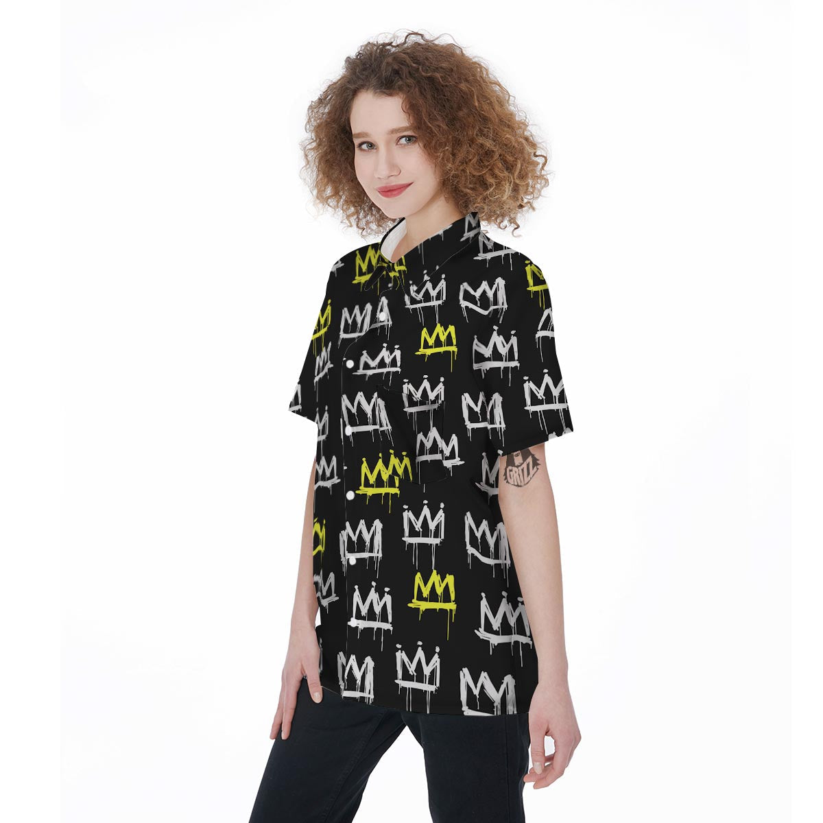 Graffiti Hiphop White And Yellow Crown Print Women's Short Sleeve Shirts-grizzshop