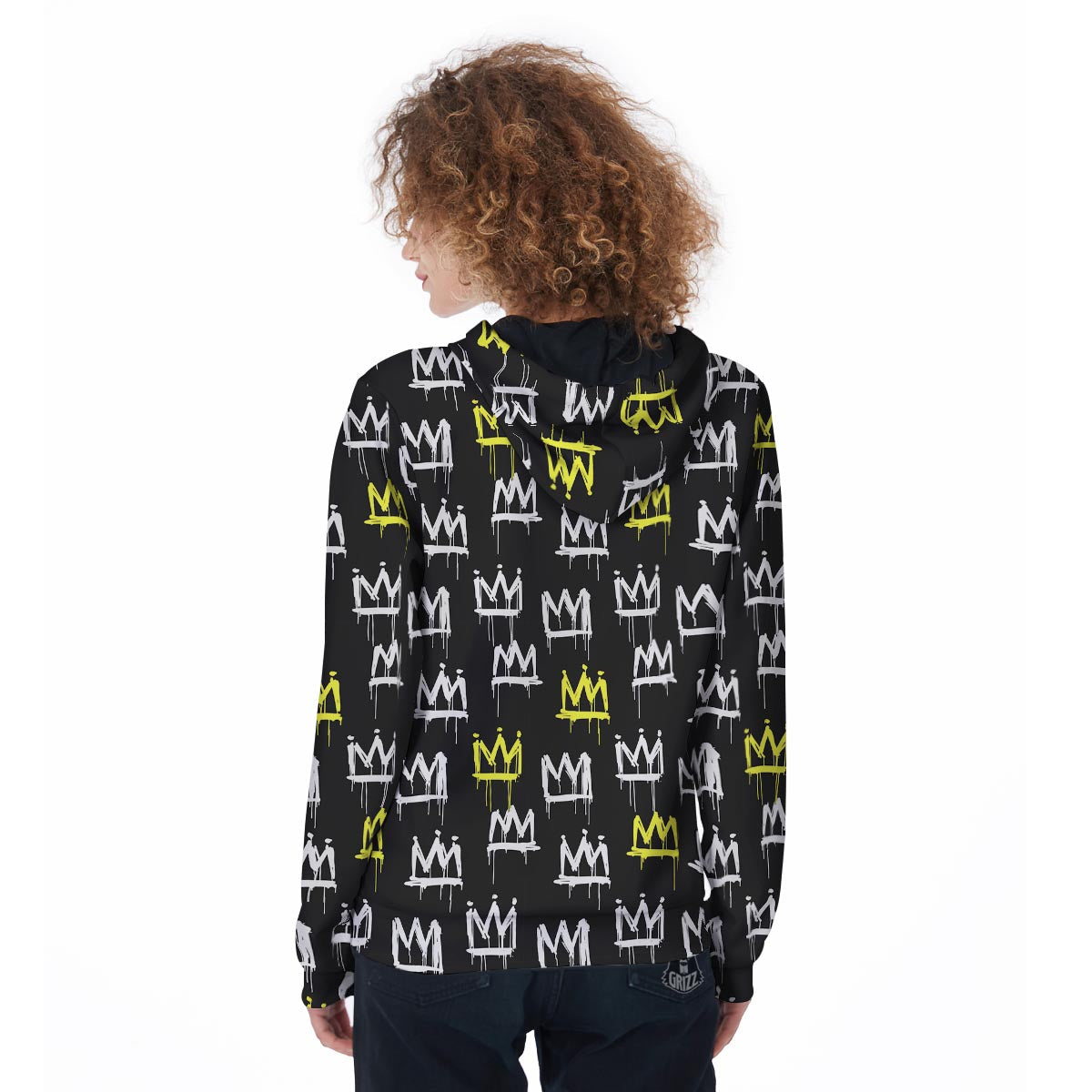 Graffiti Hiphop White And Yellow Crown Print Women's Zip Up Hoodie-grizzshop