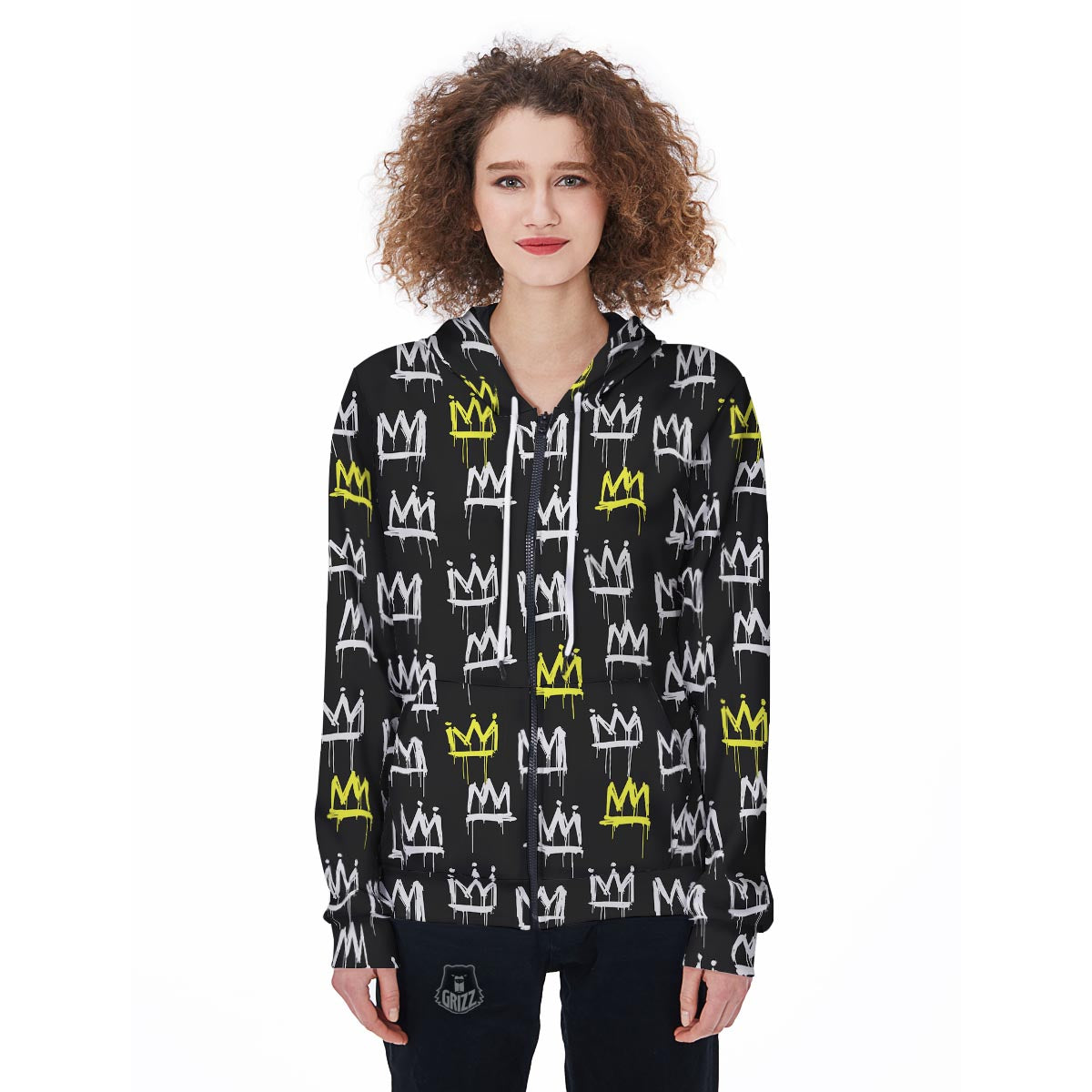 Graffiti Hiphop White And Yellow Crown Print Women's Zip Up Hoodie-grizzshop