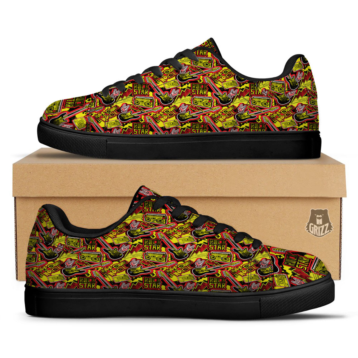 Graffiti Music Rock Star Print Pattern Black Low Top Sneakers-grizzshop