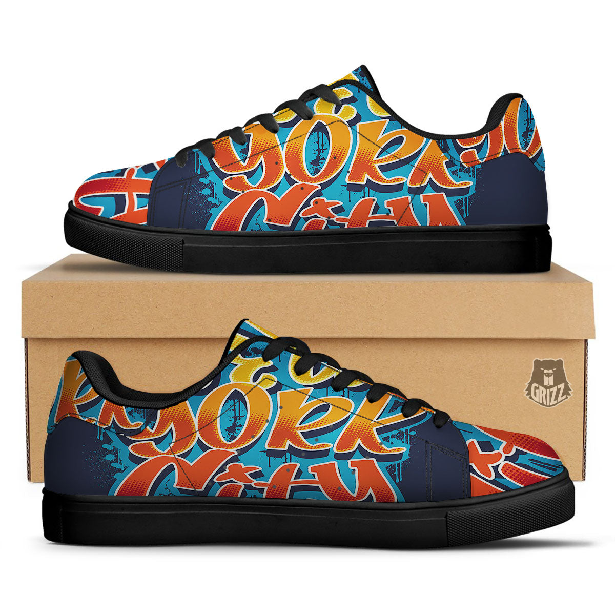 Graffiti NYC Print Black Low Top Sneakers-grizzshop