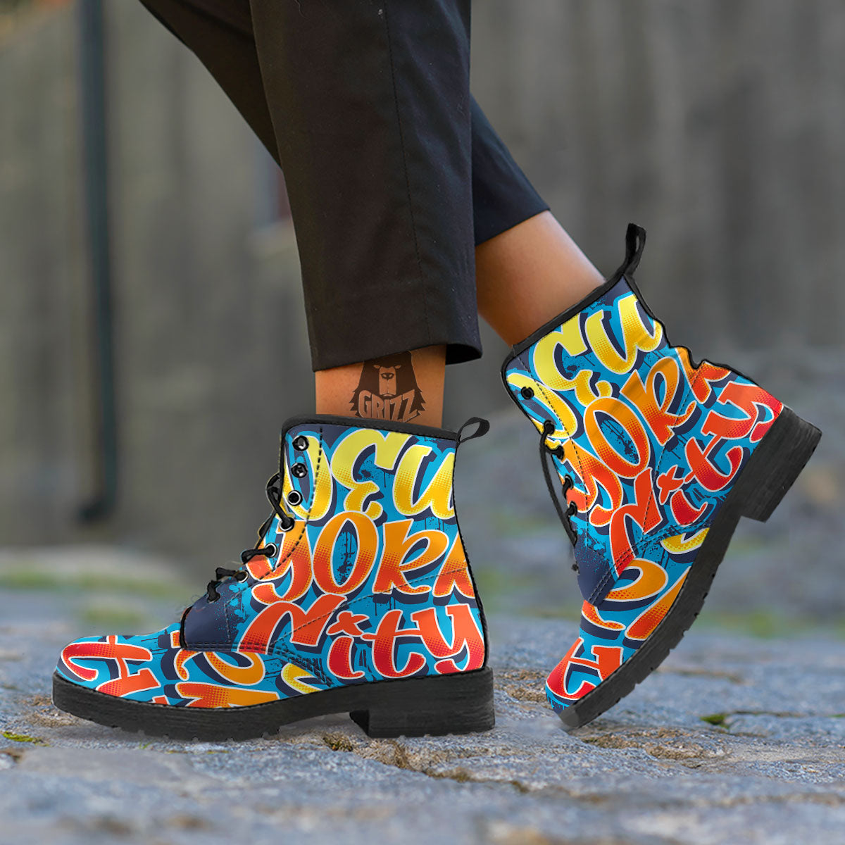 Graffiti NYC Print Leather Boots-grizzshop