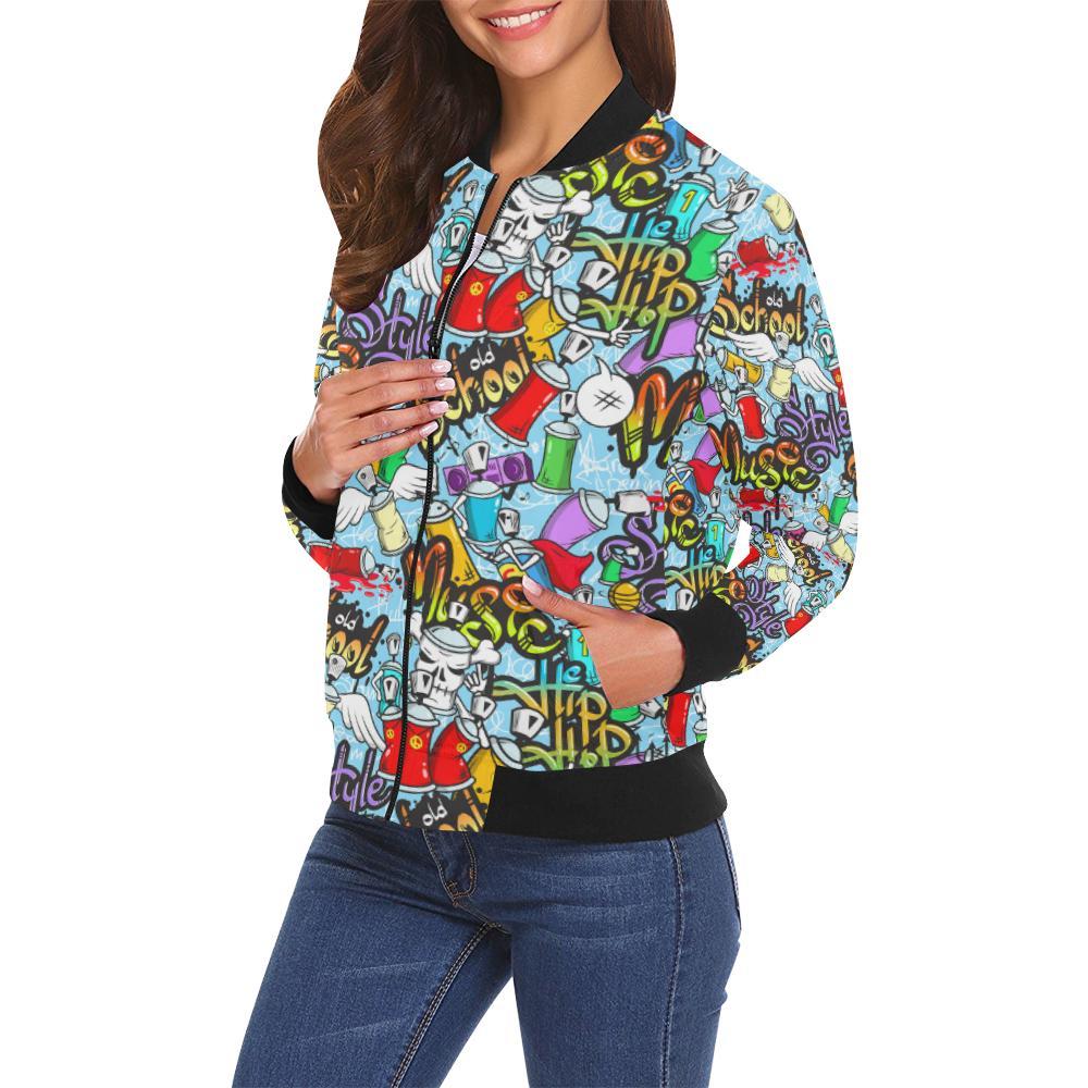 Graffiti Pattern Print Women Casual Bomber Jacket-grizzshop