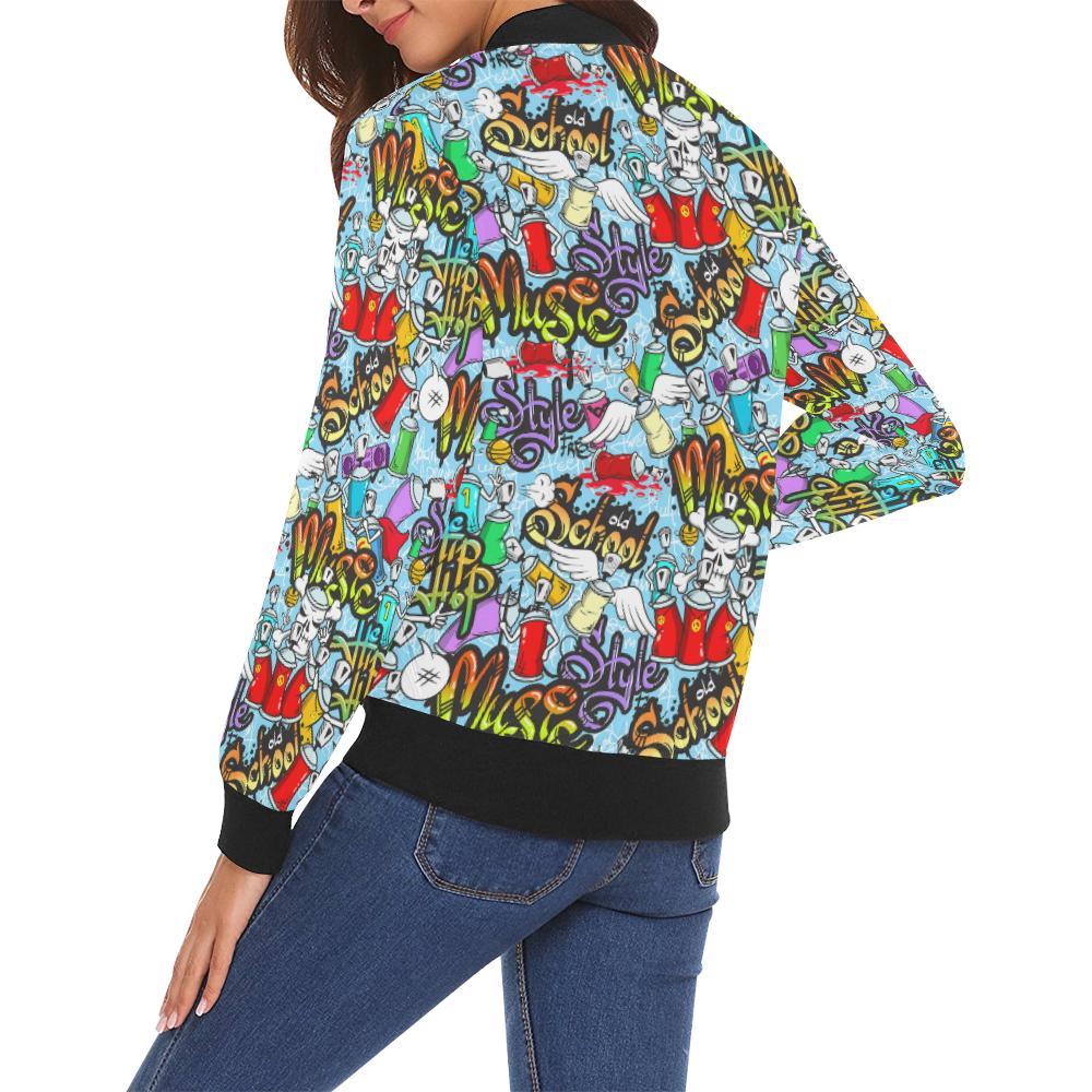 Graffiti Pattern Print Women Casual Bomber Jacket-grizzshop