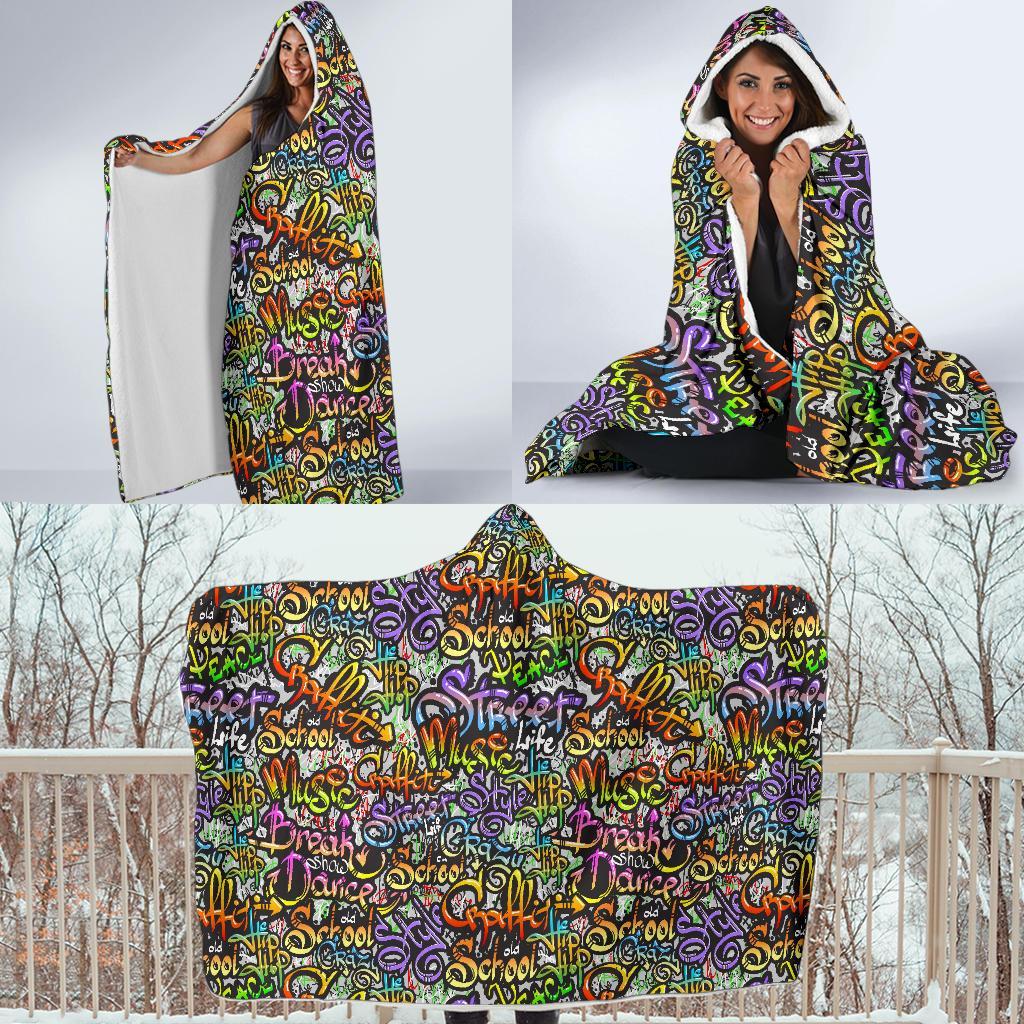 Graffiti Print Pattern Hooded Blanket-grizzshop