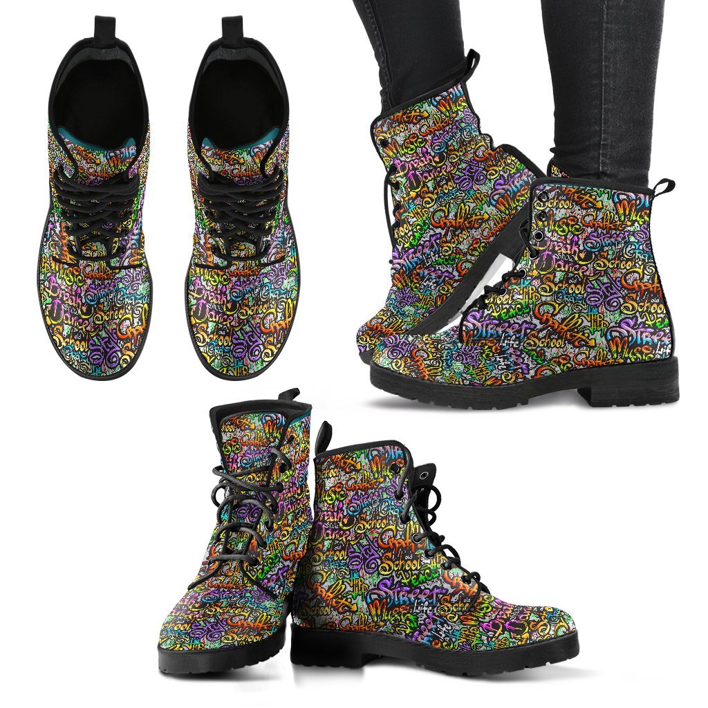 Graffiti Print Pattern Men Women Leather Boots-grizzshop