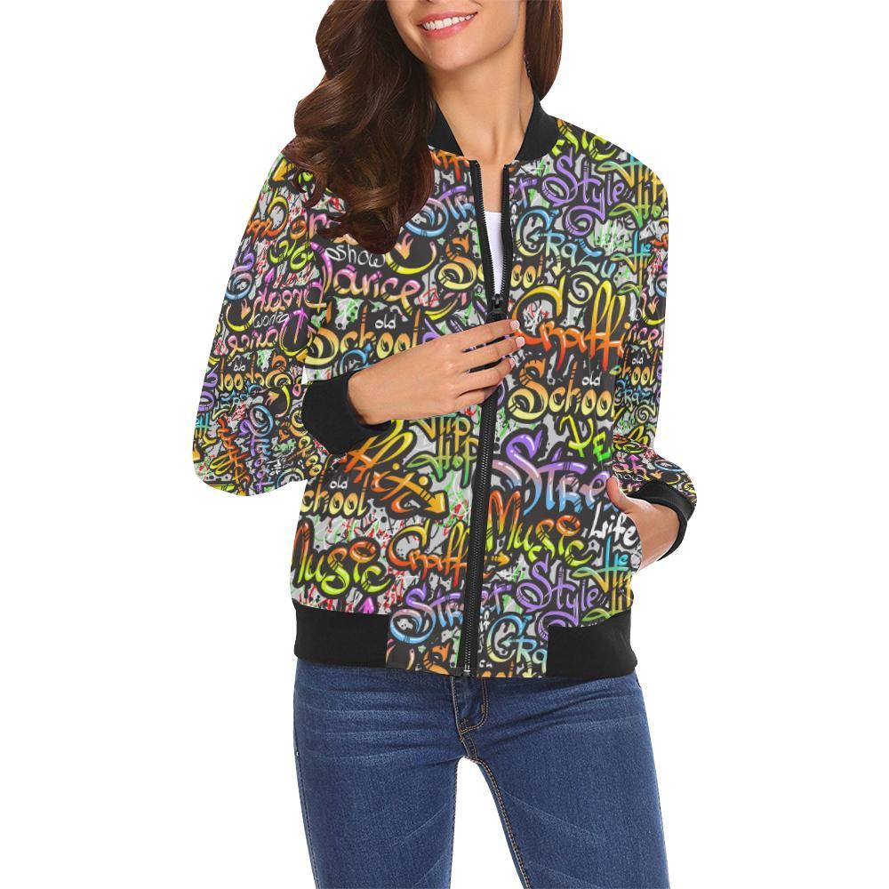 Graffiti Print Pattern Women Casual Bomber Jacket-grizzshop