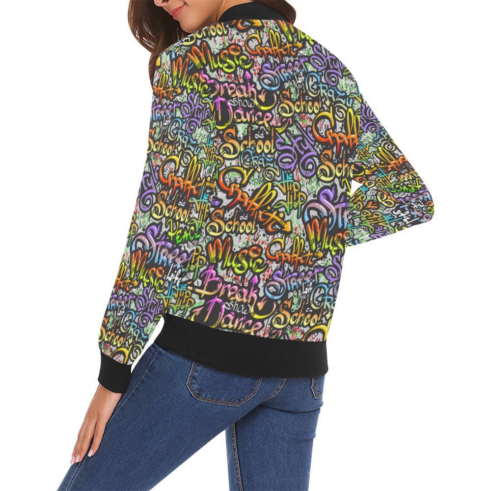 Graffiti Print Pattern Women Casual Bomber Jacket-grizzshop