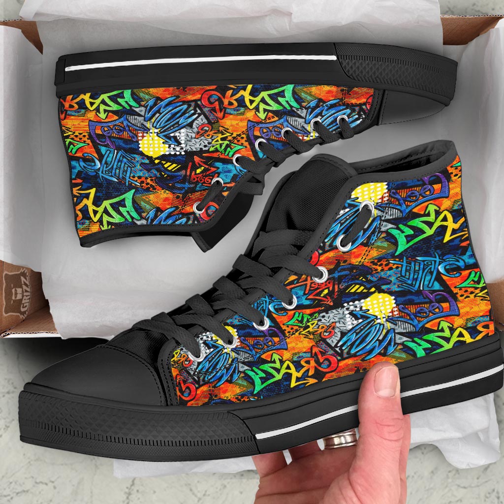 Graffiti Retro Print Pattern Black High Top Shoes-grizzshop