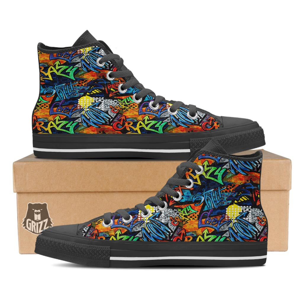 Graffiti Retro Print Pattern Black High Top Shoes-grizzshop