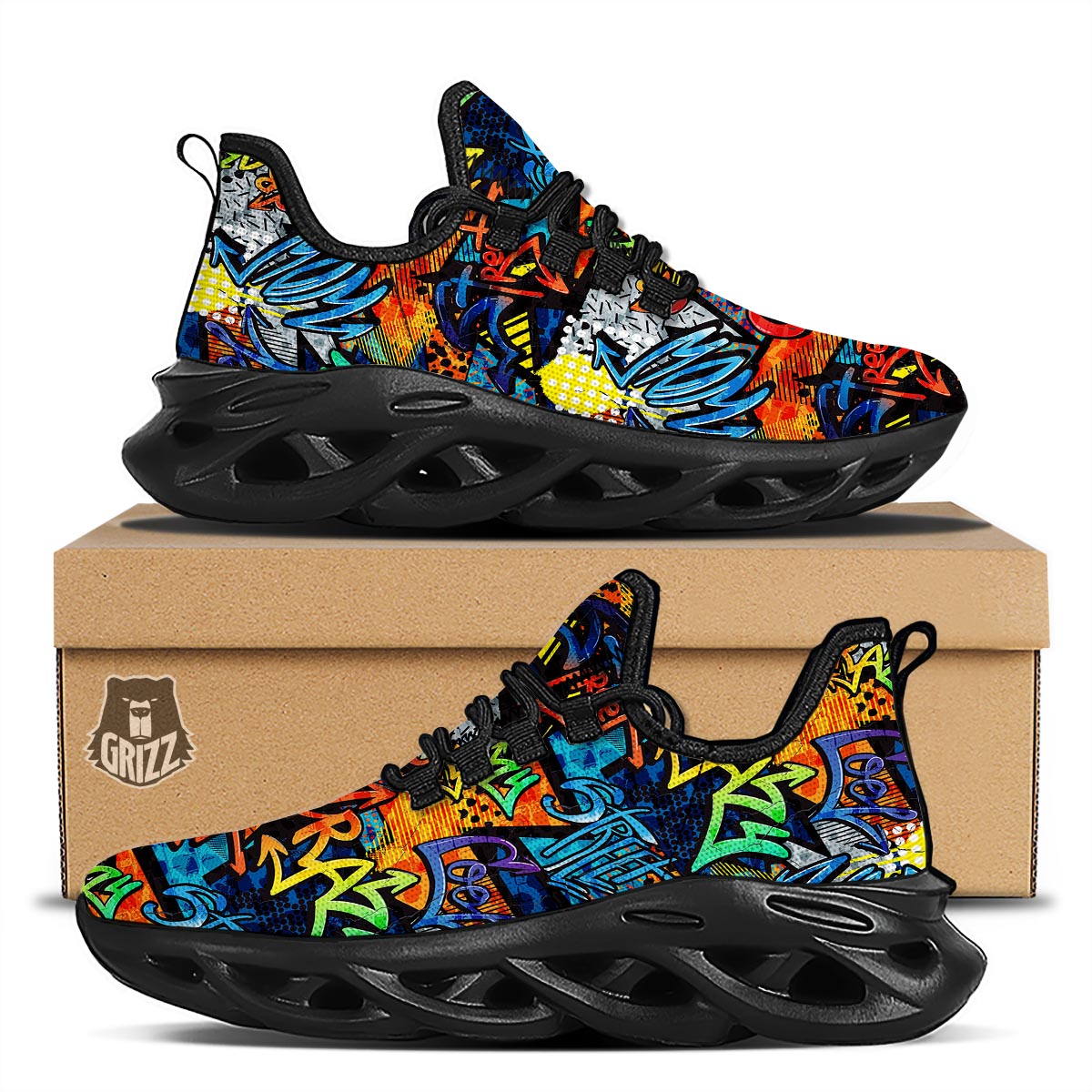 Graffiti Retro Print Pattern Black Running Shoes-grizzshop