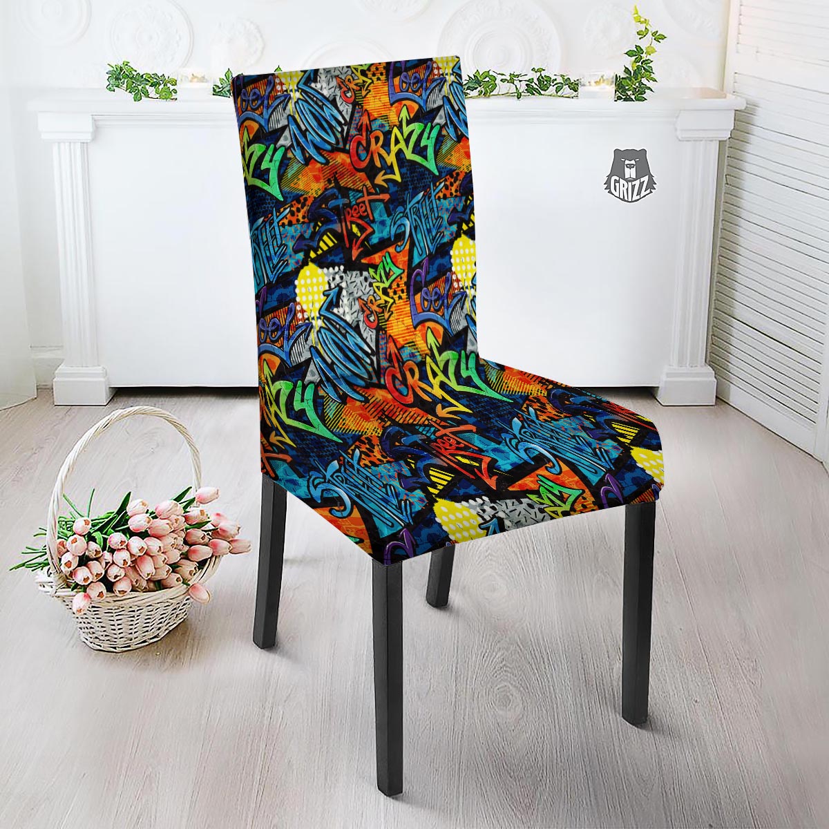 Graffiti Retro Print Pattern Dining Chair Slipcover-grizzshop